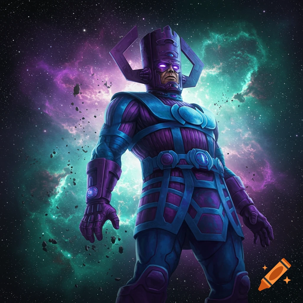 Galactus, a large purple and blue armored cosmic being, stands against a vibrant background of stars and swirling nebulae in space.