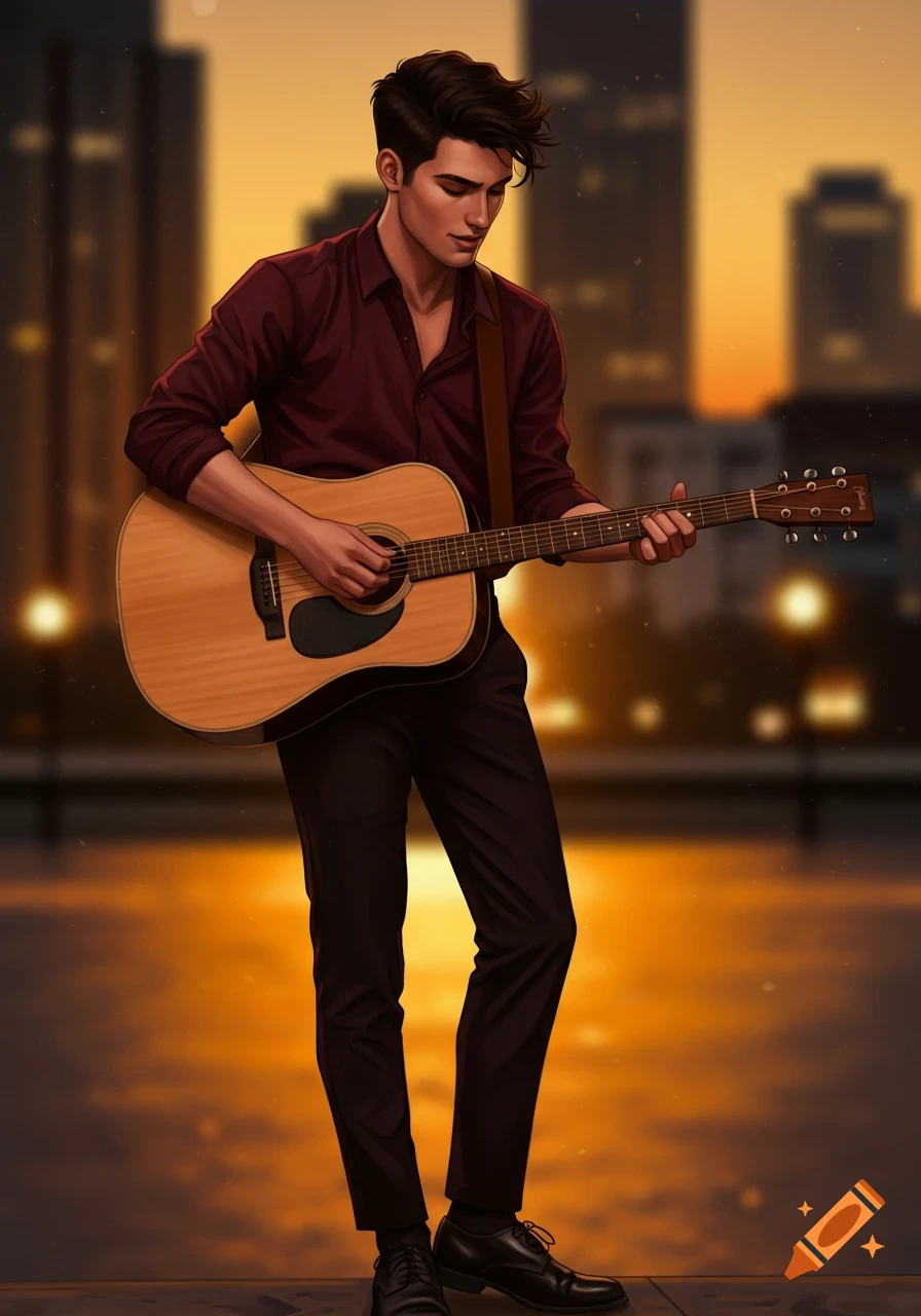 An illustrated young man in a maroon shirt playing an acoustic guitar with a blurred urban sunset background.