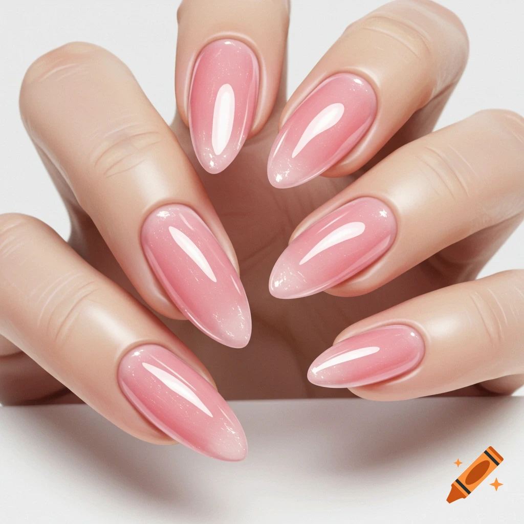 Close-up of a hand with long, almond-shaped nails featuring a glossy pink Korean jelly manicure.
