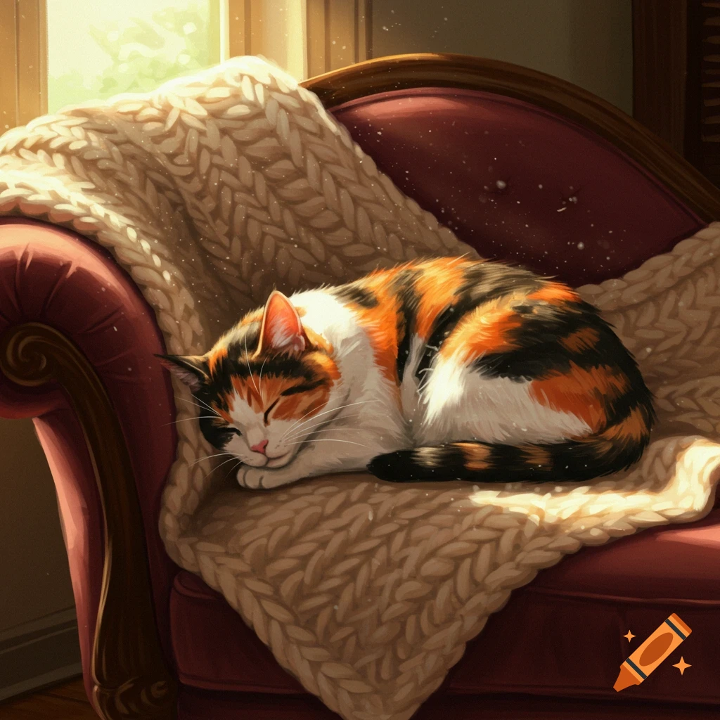 A calico cat sleeps curled up on a cream-colored knitted blanket draped over a red armchair, bathed in warm sunlight.