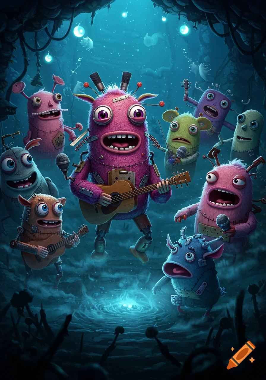 A vibrant band of quirky, cartoonish monsters playing instruments in a dark, glowing fantasy setting.