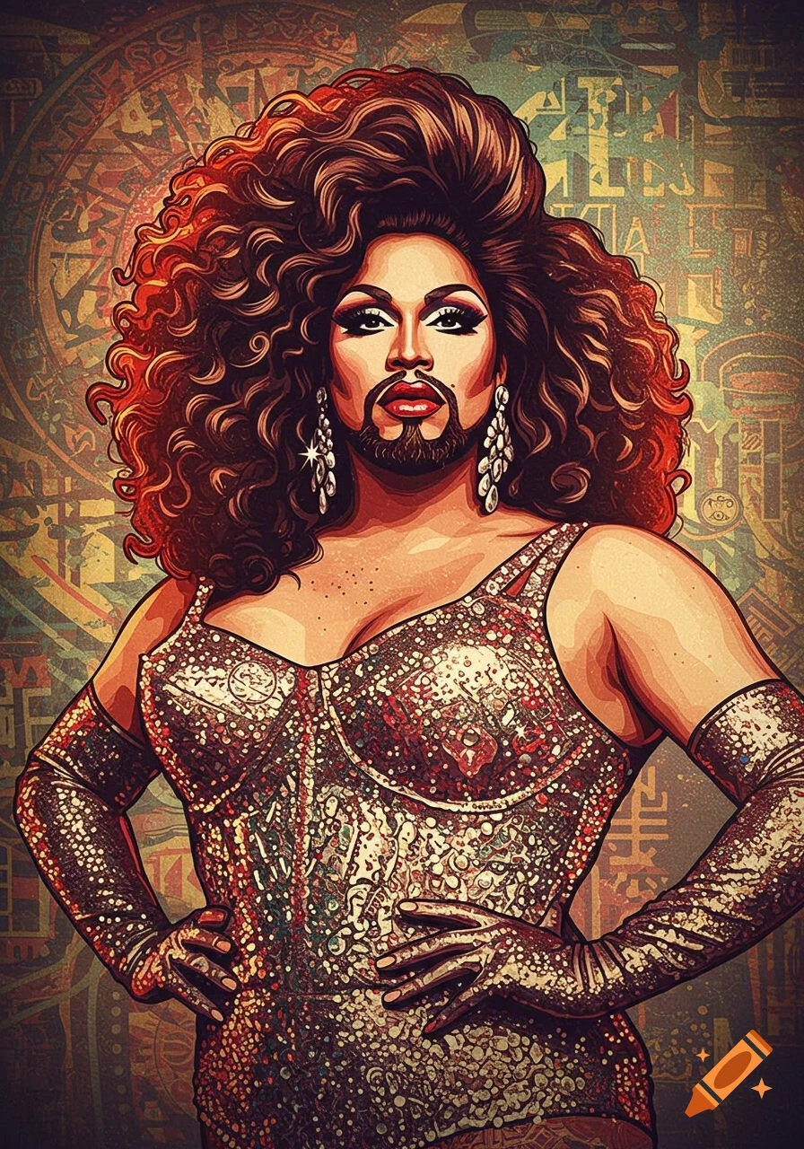 An illustrated drag queen with curly hair, facial hair, large earrings, and a sparkly outfit, in the style of Shepard Fairey.