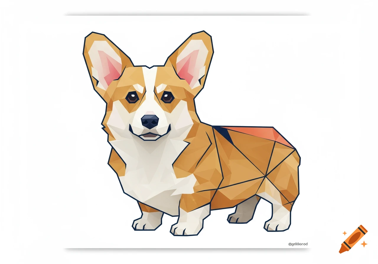 A geometric style illustration of a happy Pembroke Welsh Corgi with tan, white, and blue segments on a white background.