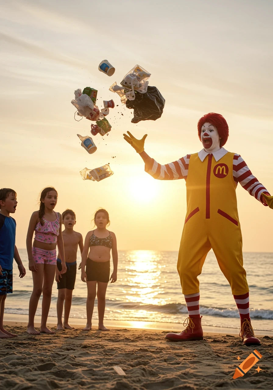 Ronald McDonald throws trash into the air while screaming at a group of surprised children on a sandy beach at sunset.