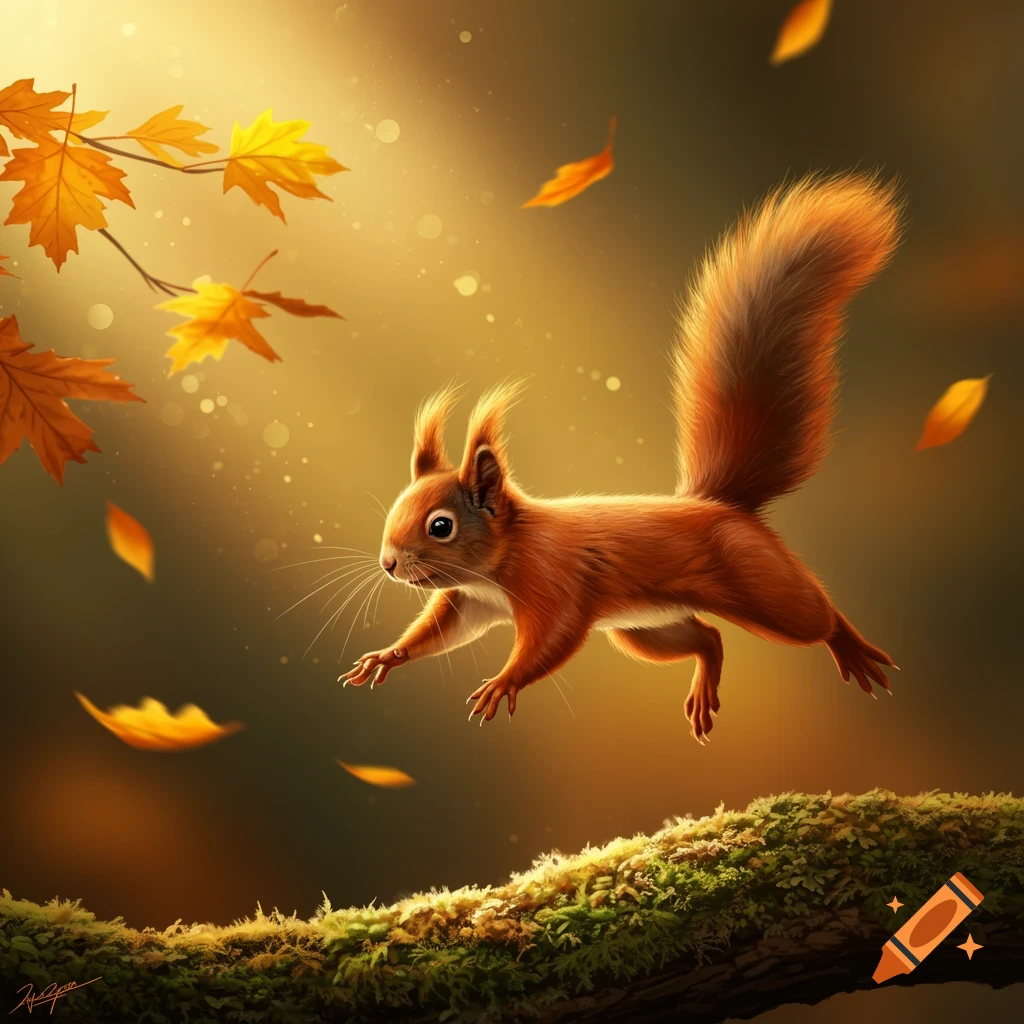 A red squirrel leaps through the air above a mossy branch, surrounded by golden autumn leaves and dappled sunlight.