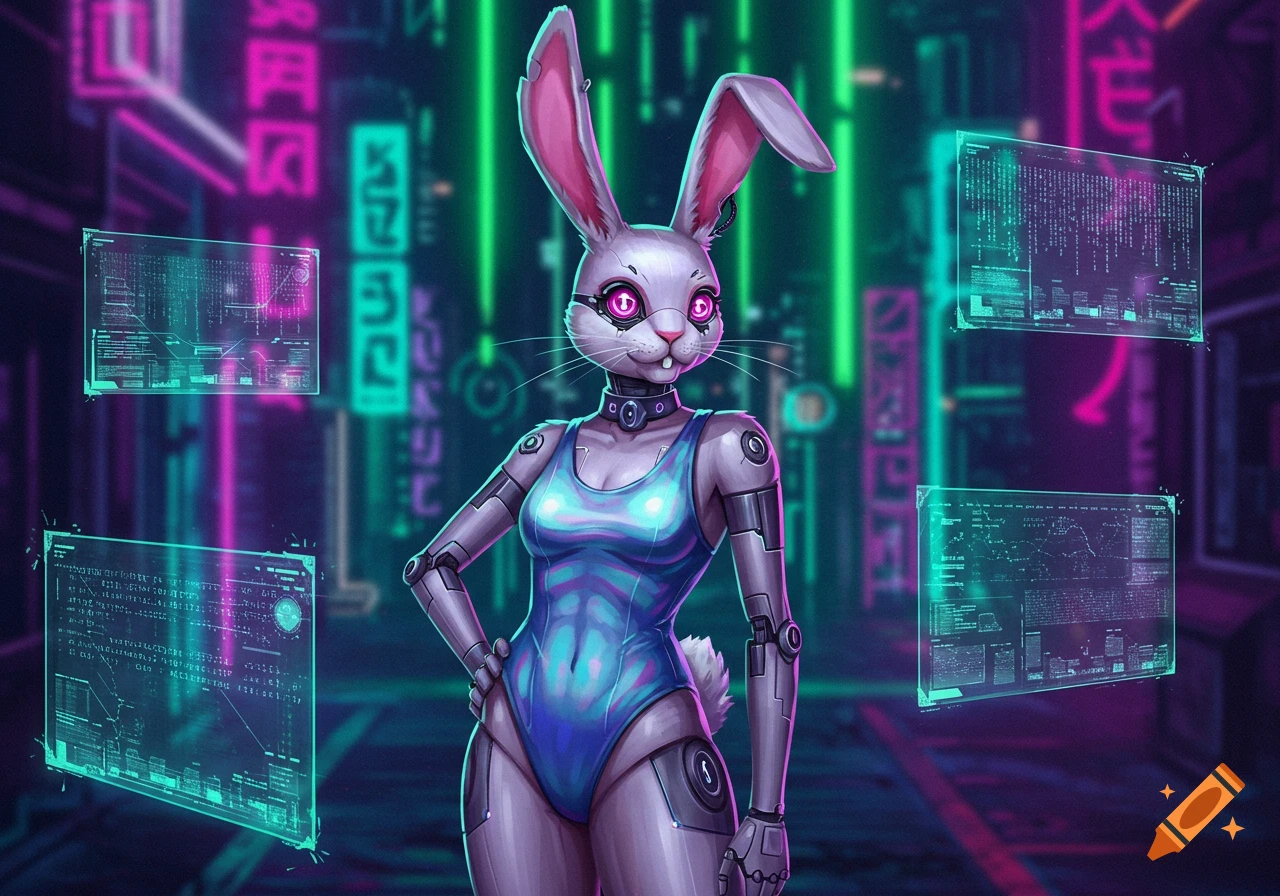 A robot bunny character in a blue swimsuit stands on a neon-lit cyberpunk street with holographic screens.