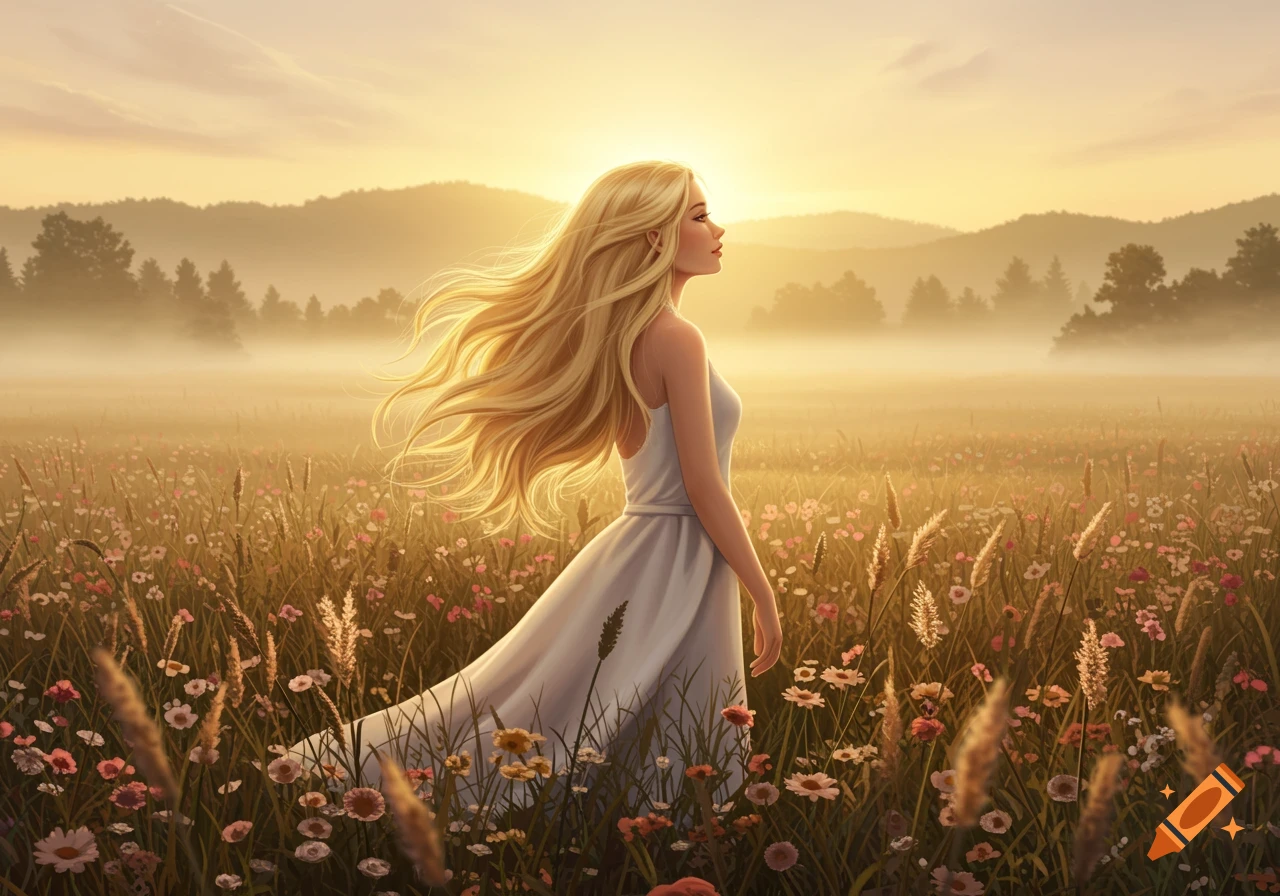 A blonde woman in a white dress stands in a field of flowers at sunrise, with mountains in the background.