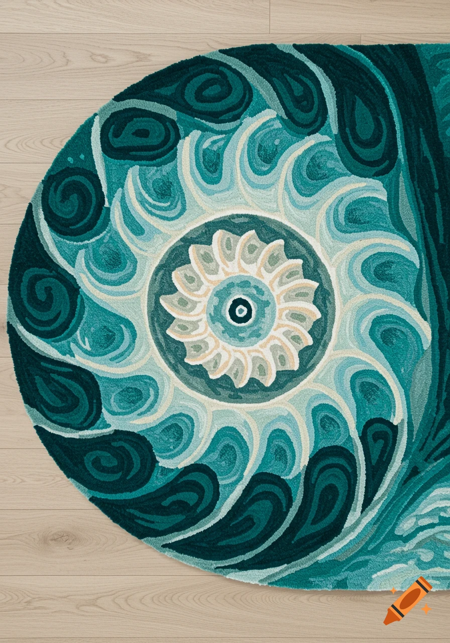 Round tufted rug with a teal, turquoise, cream, and aqua spiral seashell and ocean wave design on a wood floor.