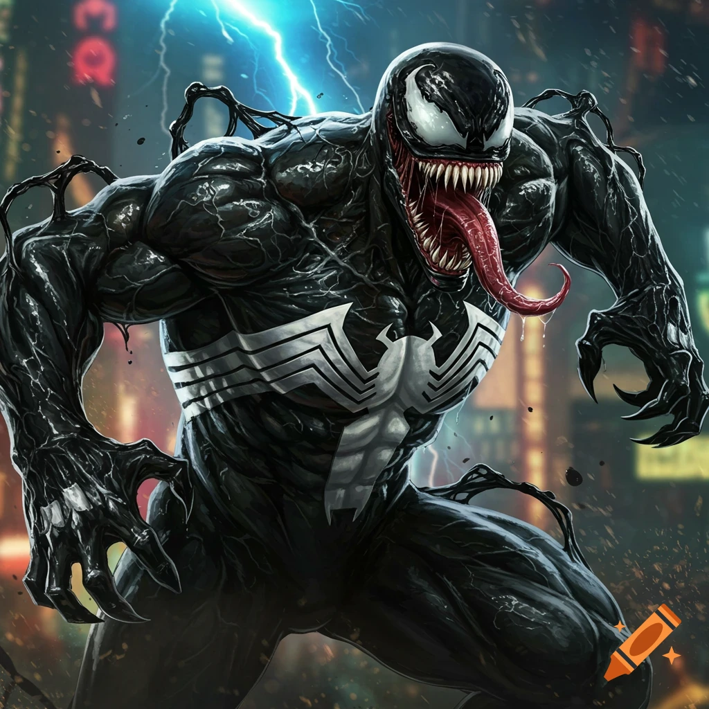 A detailed illustration of the Marvel character Venom, with sharp teeth and long tongue, against a dark city with blue lightning.