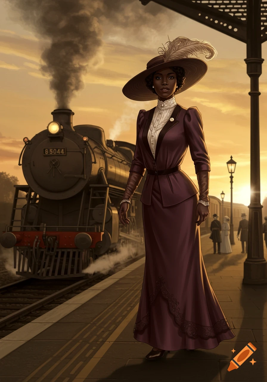 A Black woman in a 1904 purple dress and hat stands on a train platform as a steam train approaches at sunset.