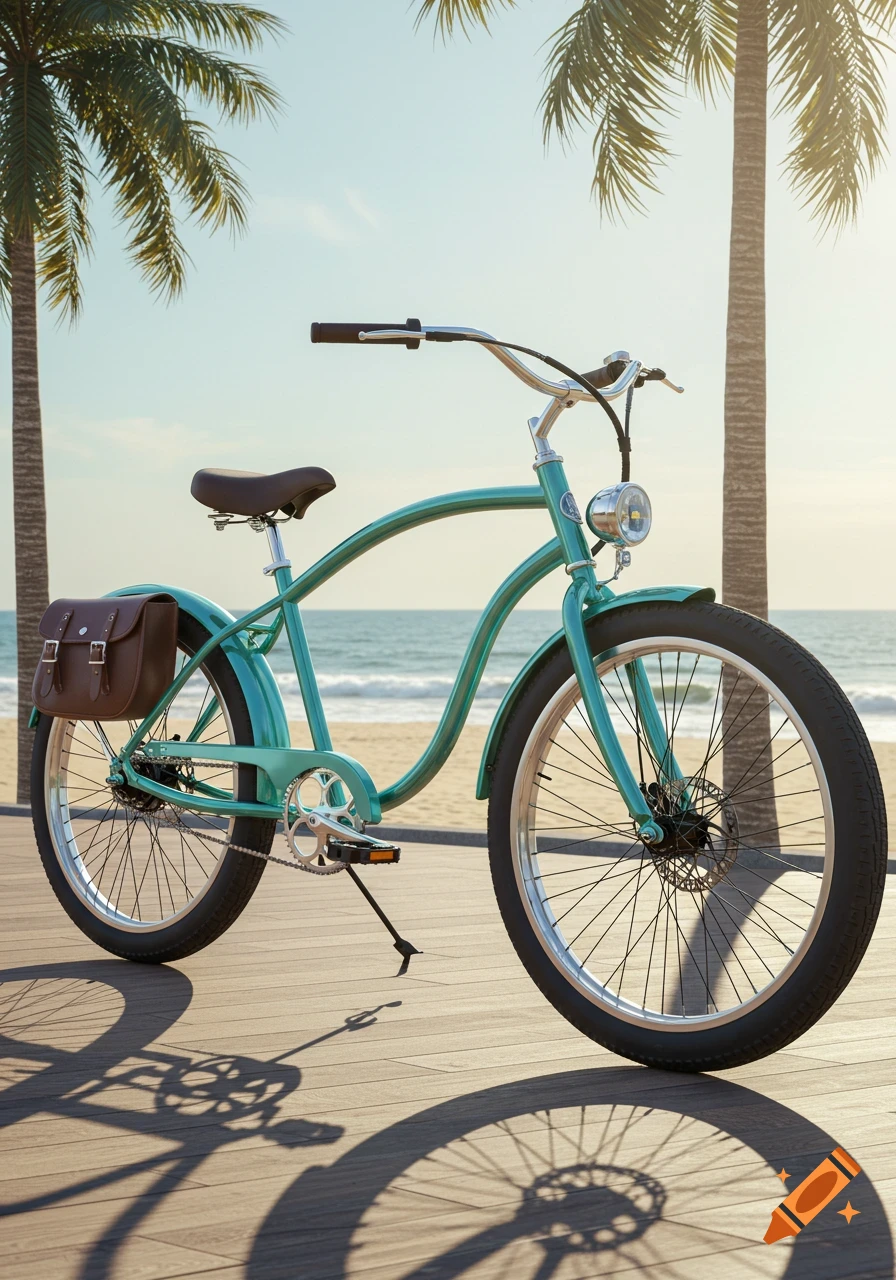 A teal cruiser bicycle with a brown leather bag on a wooden boardwalk, with palm trees and a sunny beach with ocean waves in the background.