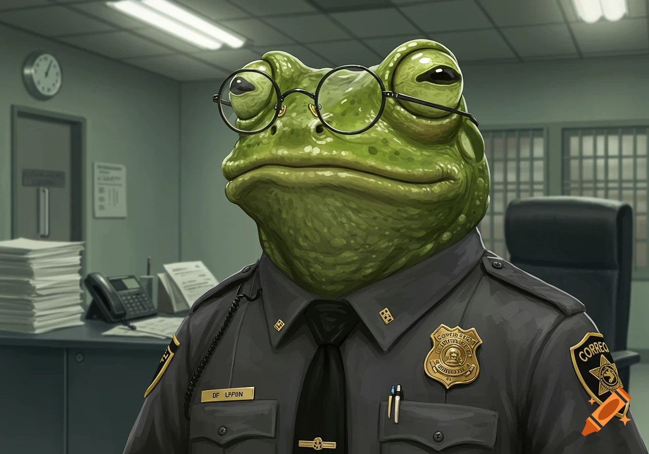 A serious anthropomorphic frog wearing round glasses and a dark grey correctional officer's uniform stands in an office.