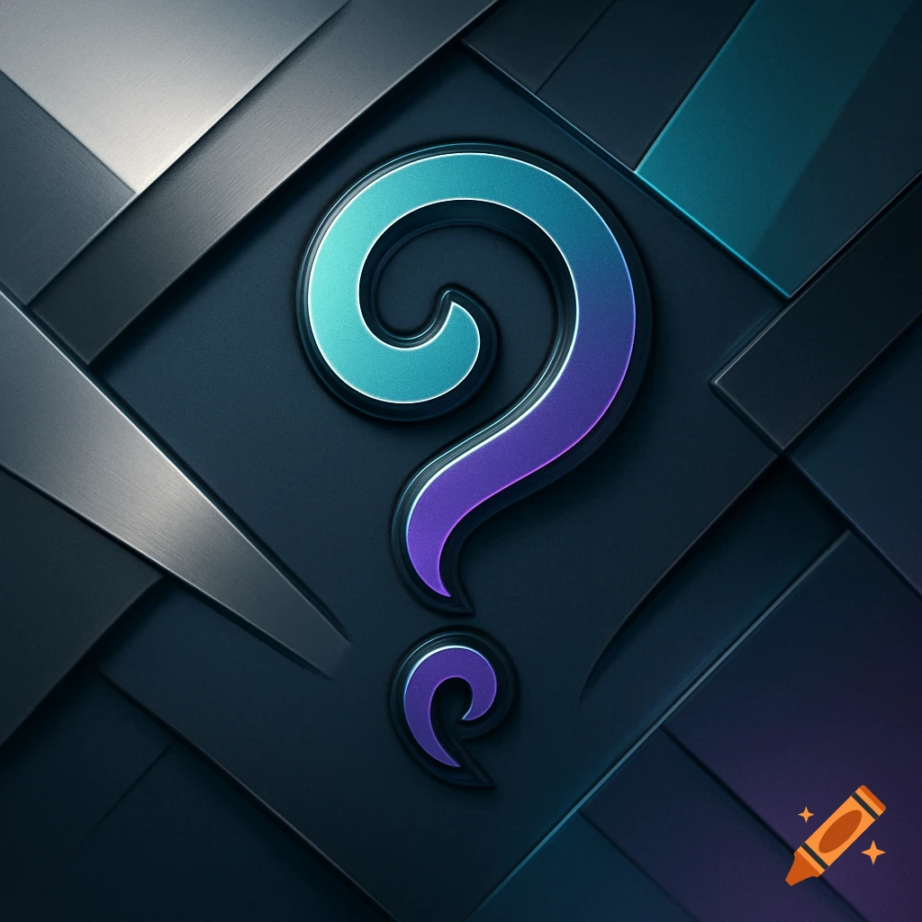 A shiny, metallic question mark with a blue to purple gradient on a dark, textured, geometric background.