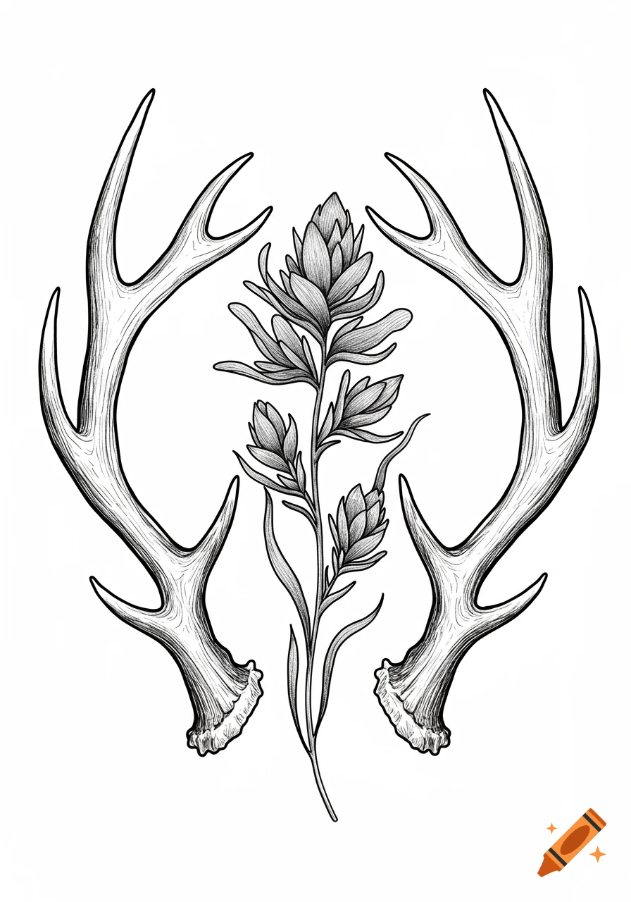 Black and white sketch of two elk antlers framing an Indian paintbrush flower, in a tattoo design style.