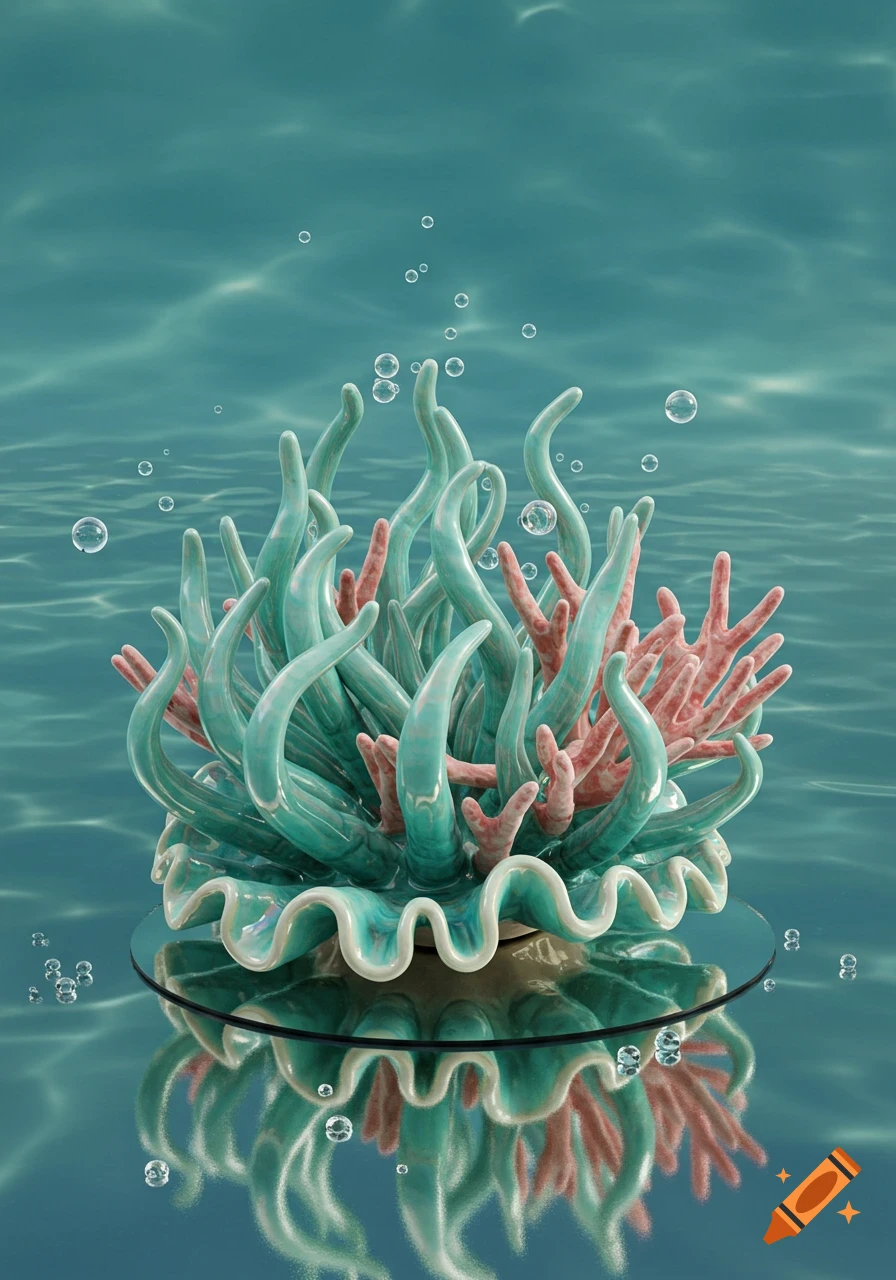 An abstract teal and pink ceramic sculpture of a sea anemone sits underwater with bubbles, reflecting on a glass surface.