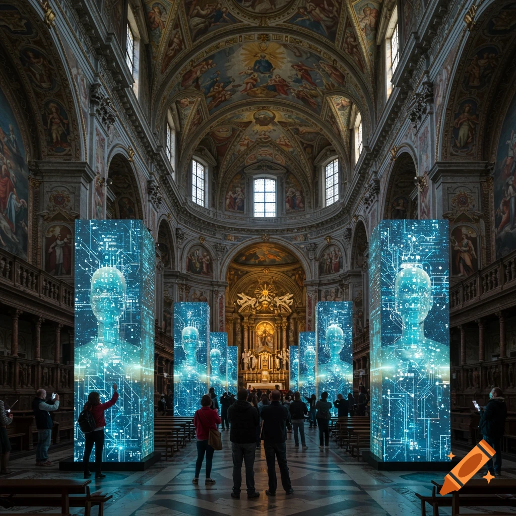People stand in an ornate church nave viewing glowing rectangular screens displaying digital human figures and circuit patterns as an art installation.