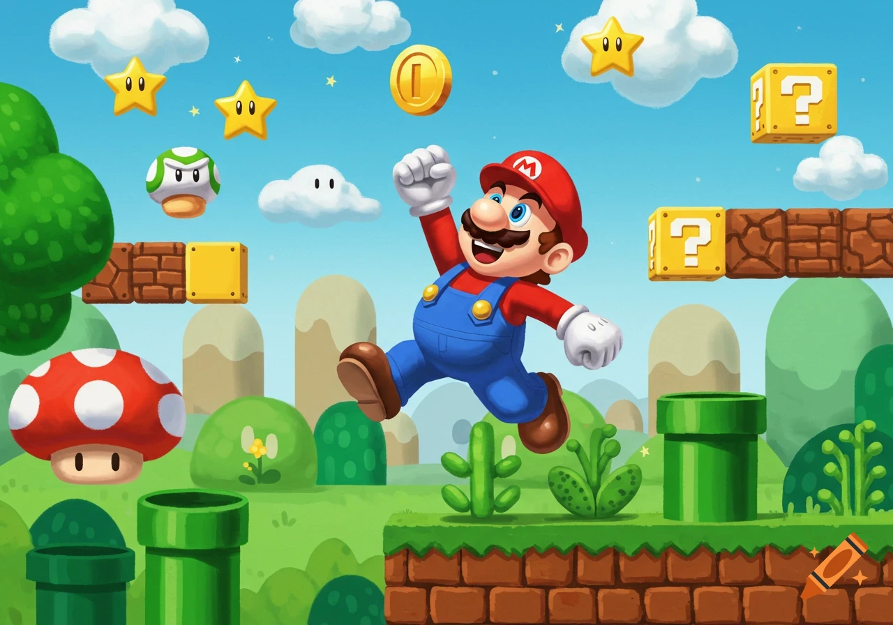 Cartoon style image of Mario jumping in a vibrant Super Mario Bros. landscape with blocks, pipes, and mushrooms.