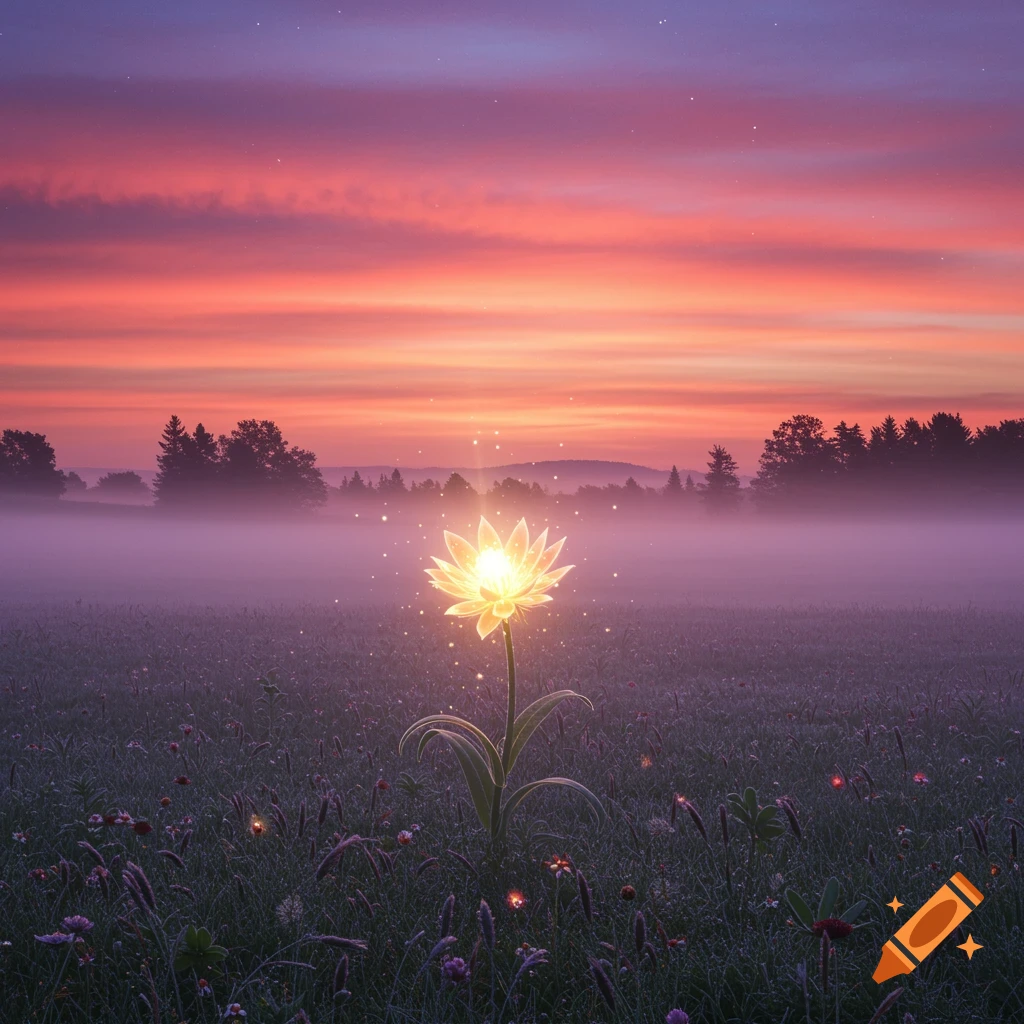 A glowing, ethereal flower stands tall in a misty field under a vibrant orange and purple sunset sky.