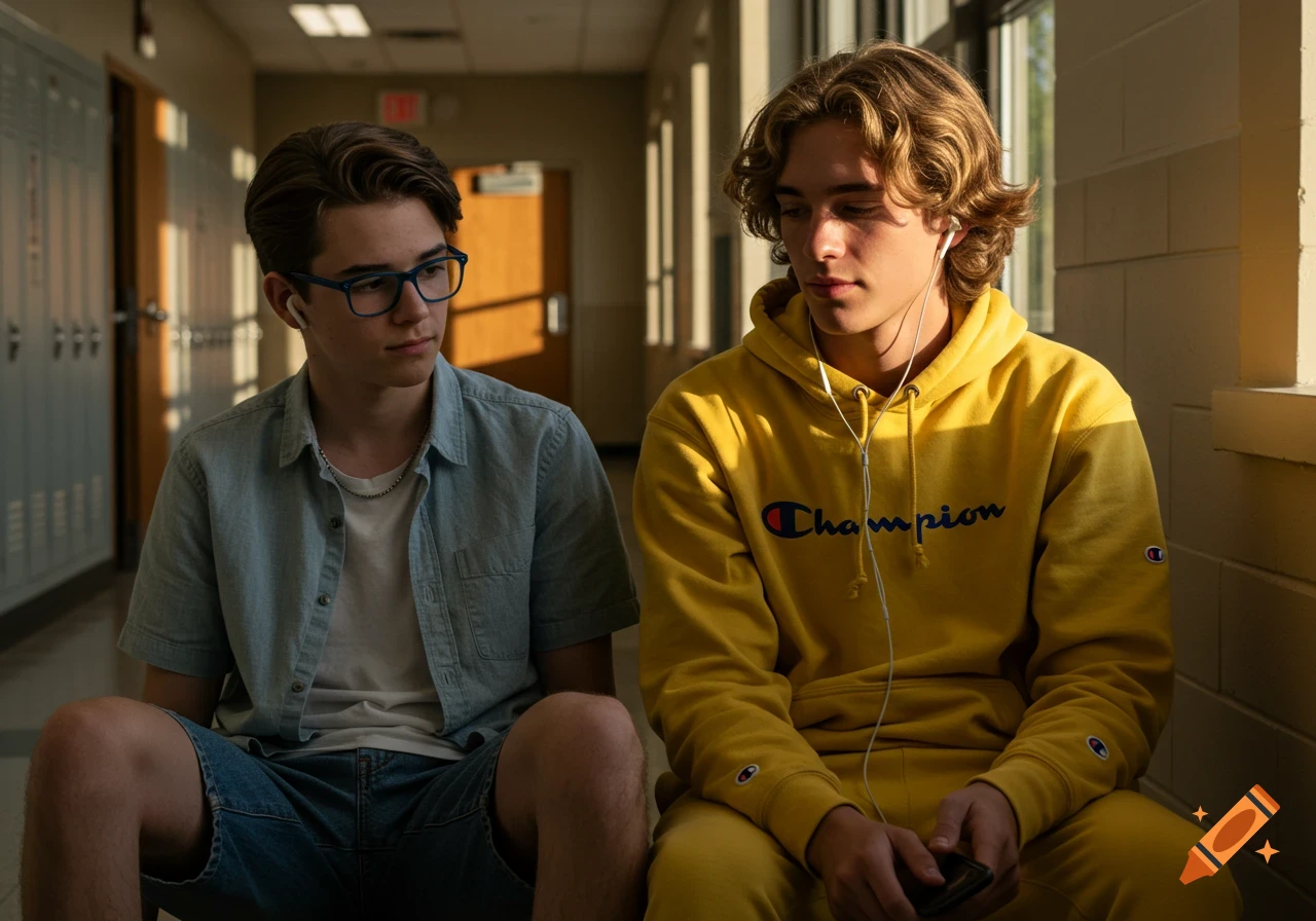 Two young men, one with glasses and a light blue shirt, the other in a yellow Champion hoodie, sit in a sunlit school hallway.