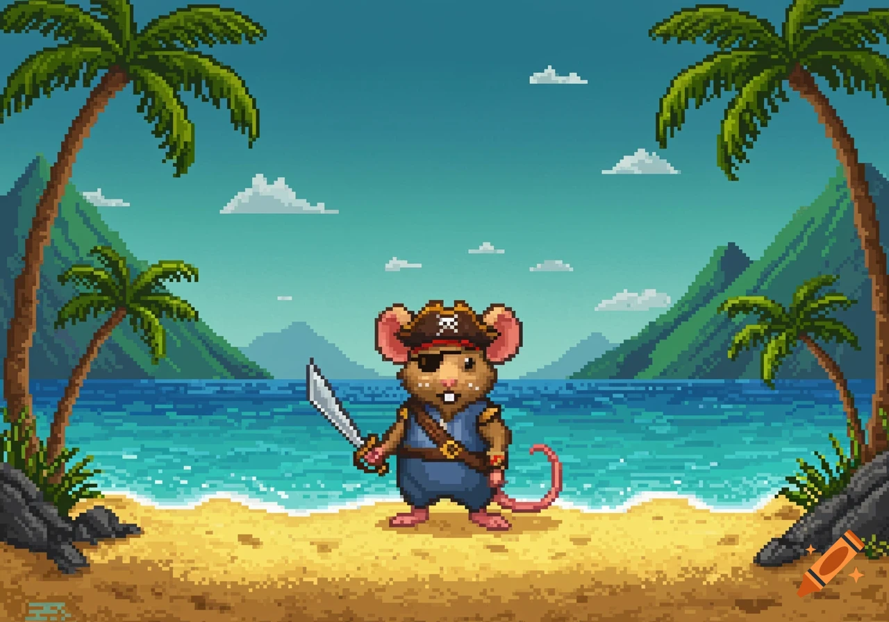 An 8-bit pixel art image of a pirate rat with an eyepatch and cutlass standing on a sandy beach with palm trees, blue ocean, and green mountains in the background.