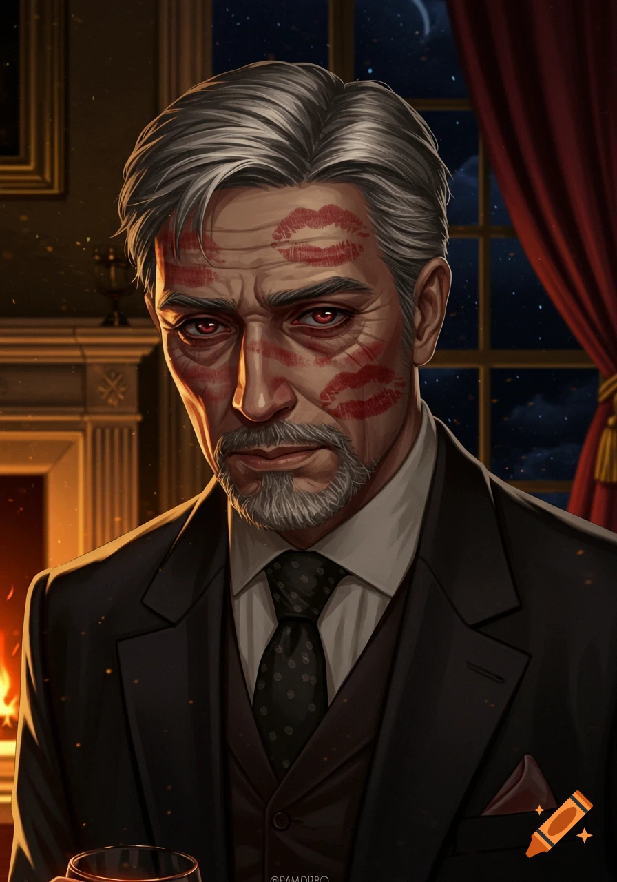 Digital art portrait of an older man with graying hair, red eyes, and red lipstick kiss marks on his face, wearing a suit, in a dimly lit room with a fireplace.