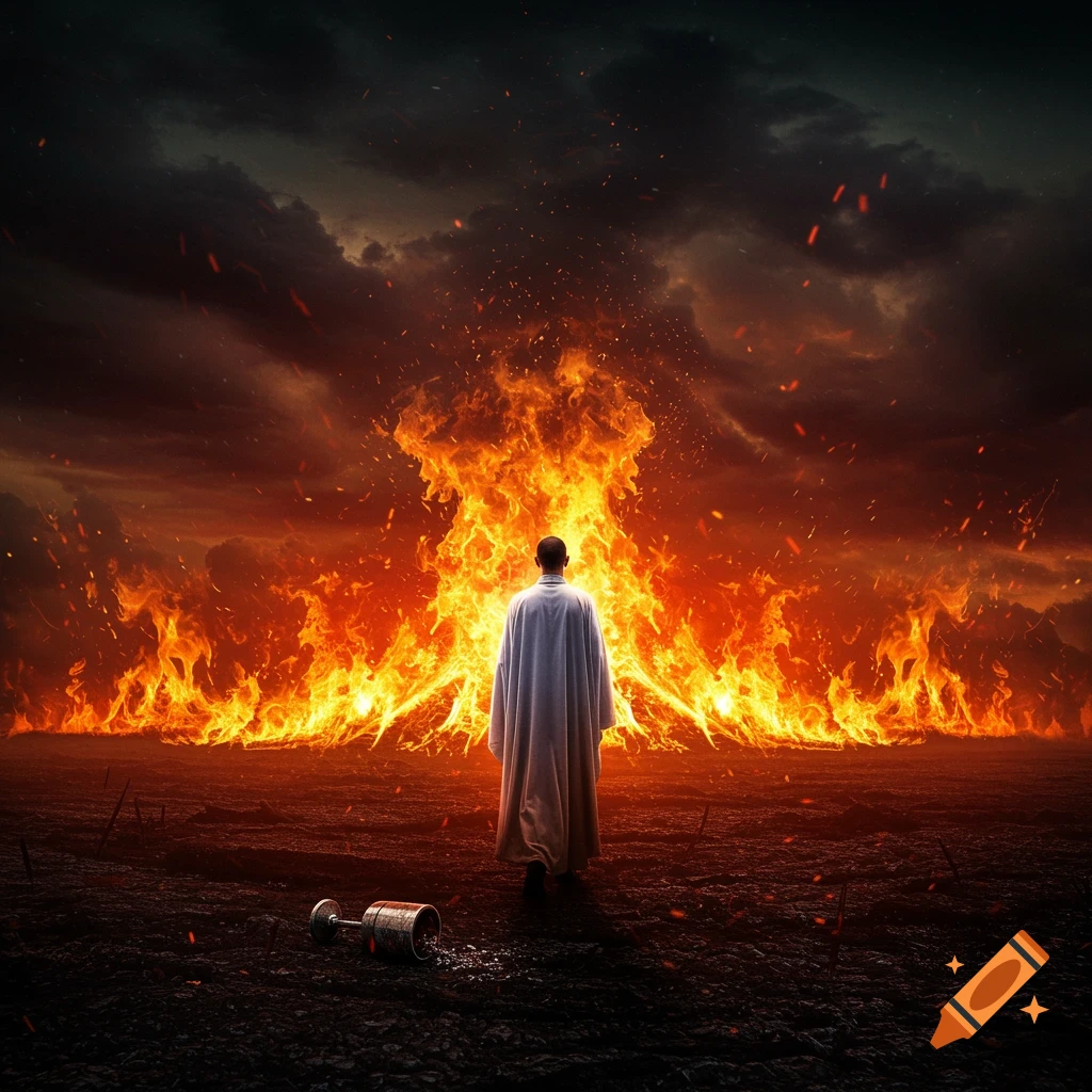 A robed figure stands before a massive wall of fire under a dark, stormy sky, with a fallen chalice on the ground.