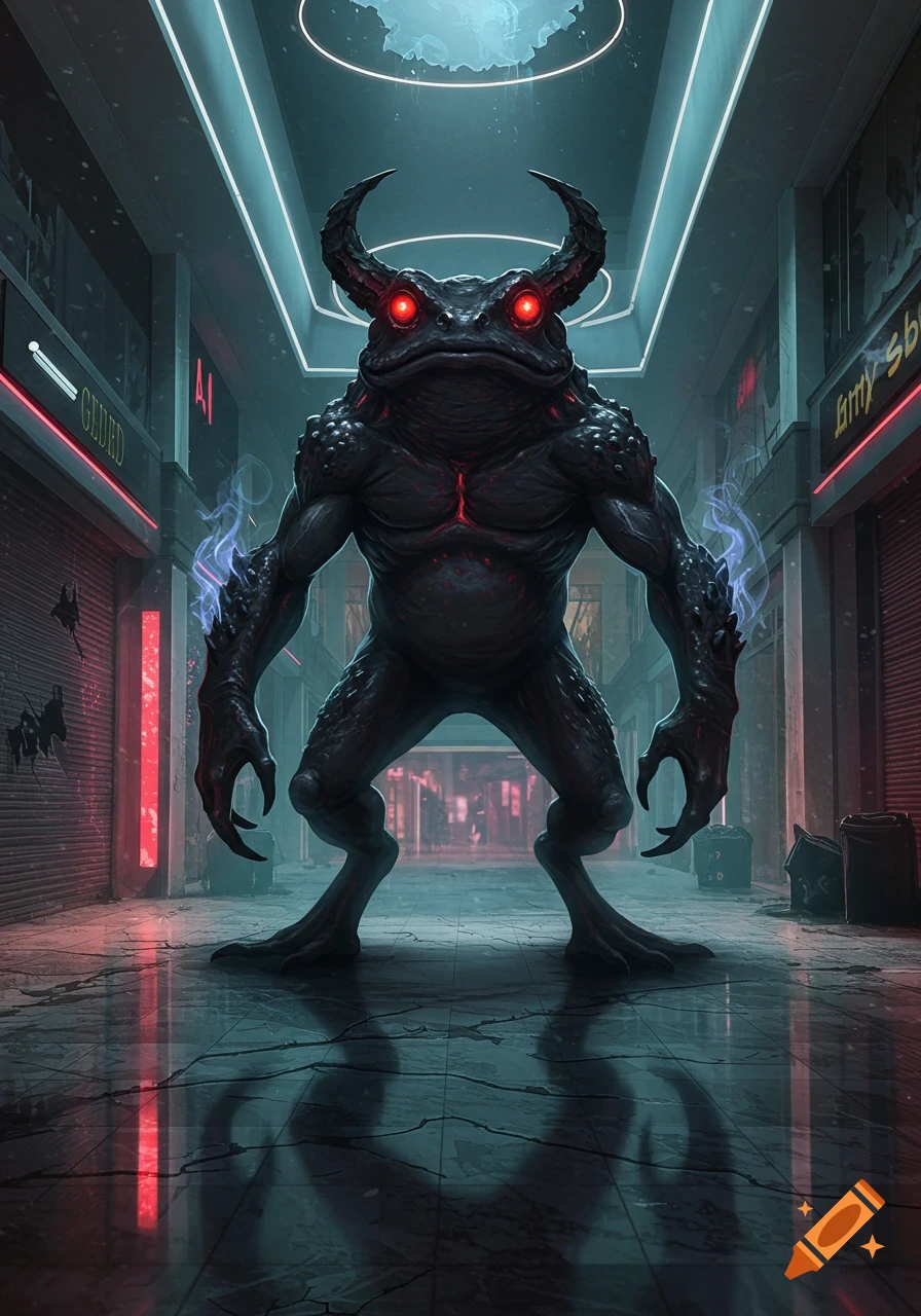 A monstrous black toad-like creature with red glowing eyes and horns stands in a dark, abandoned mall with neon lights.