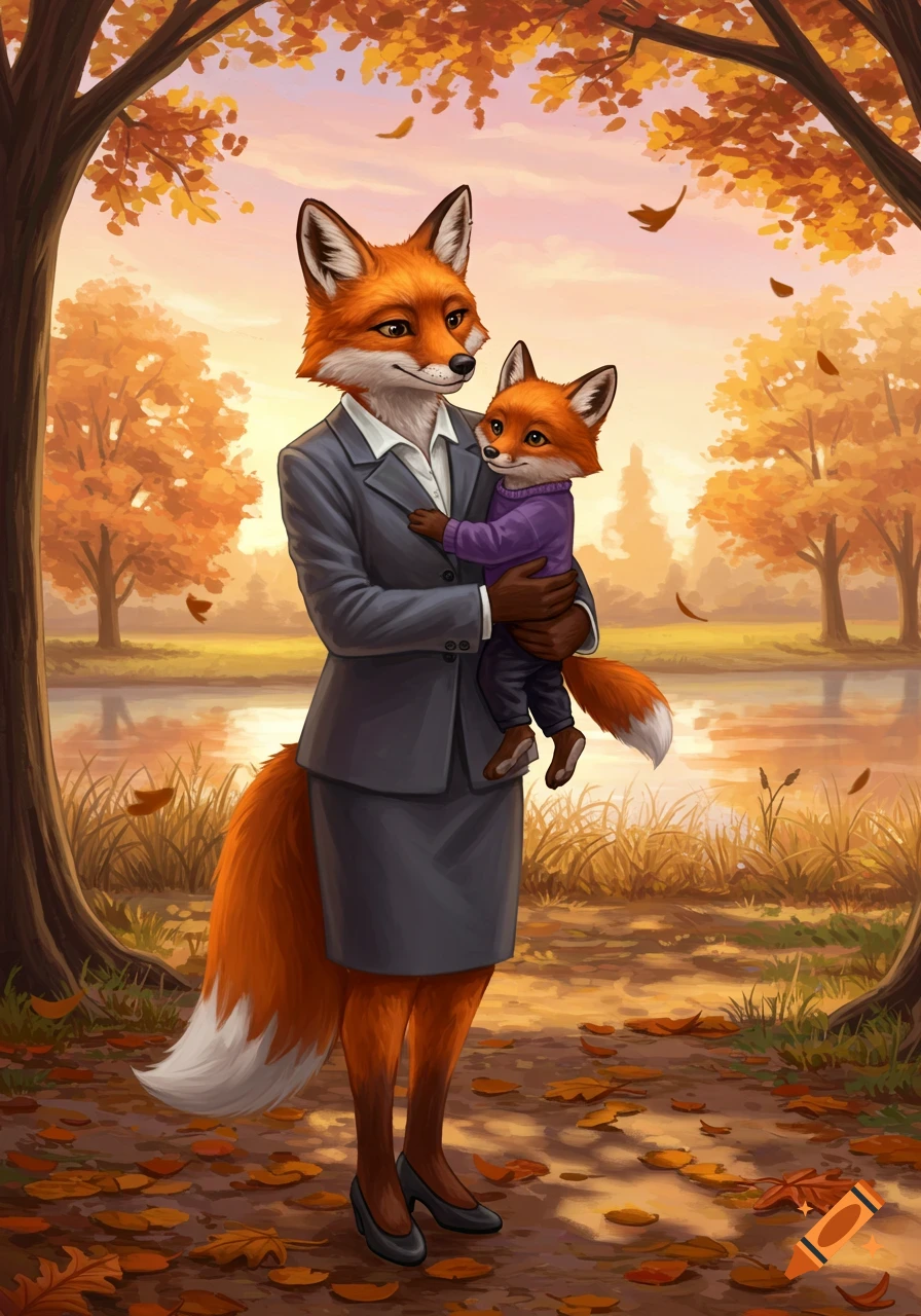 An anthropomorphic fox mother in a suit holds her fox son in a purple sweatshirt, standing in an autumn park by a lake.