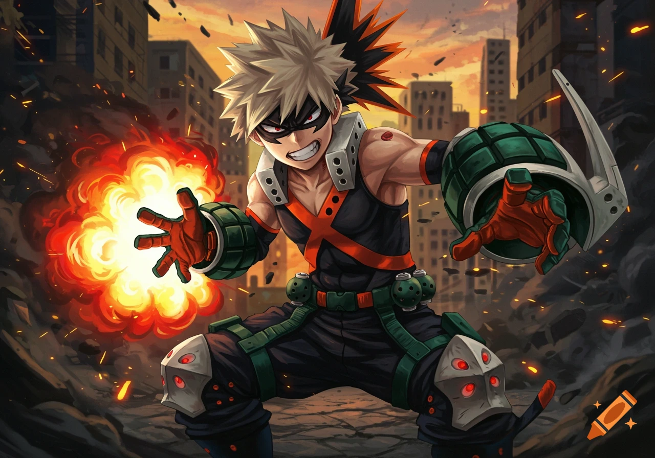 Anime illustration of Katsuki Bakugo from My Hero Academia, creating an explosion in a ruined city at sunset.