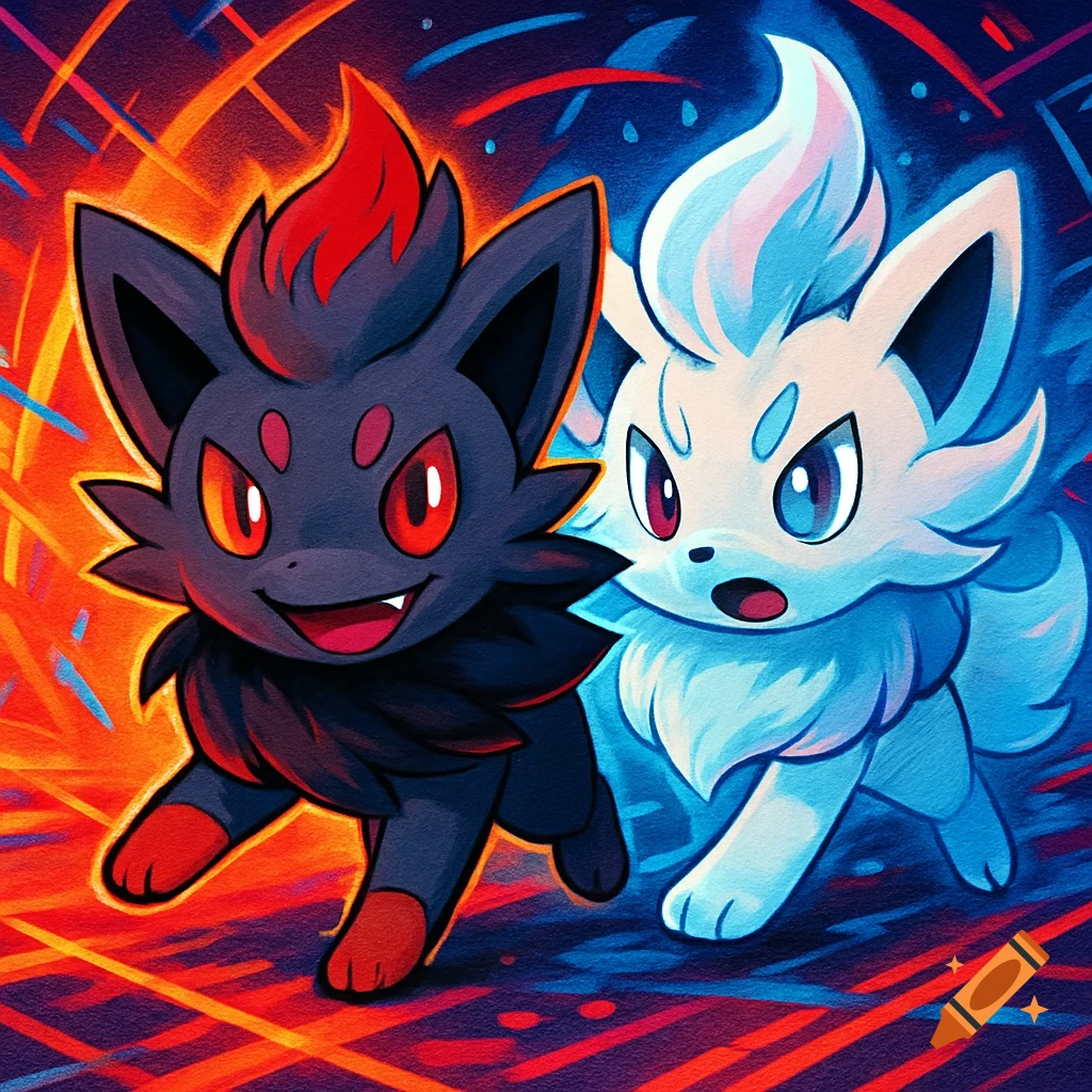 Two stylized fox-like Pokemon, one black and red, the other white and blue, stand against a vibrant energetic background.