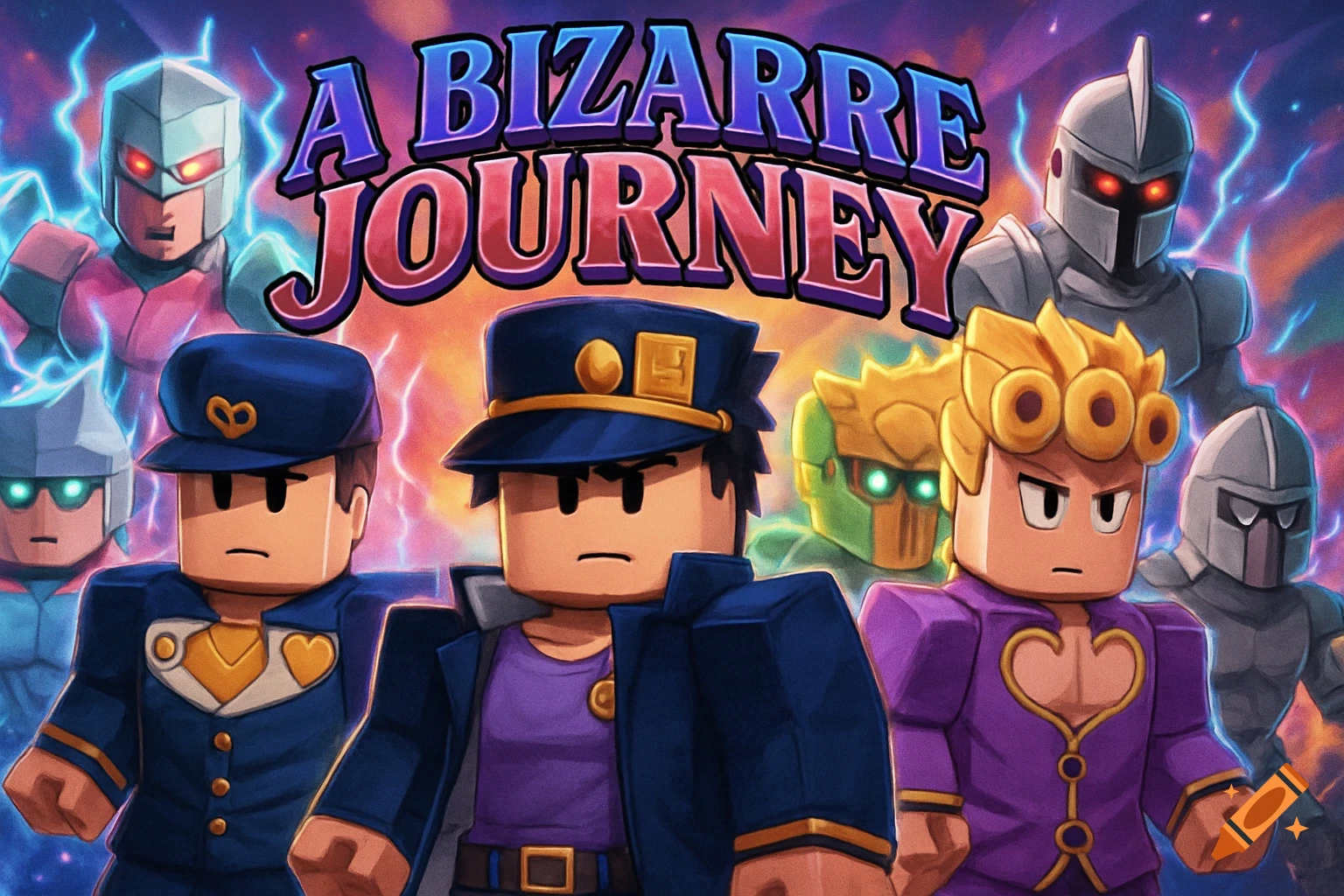 Roblox-style game thumbnail with Jojo's Bizarre Adventure characters and their stands. Title: 'A BIZARRE JOURNEY'.