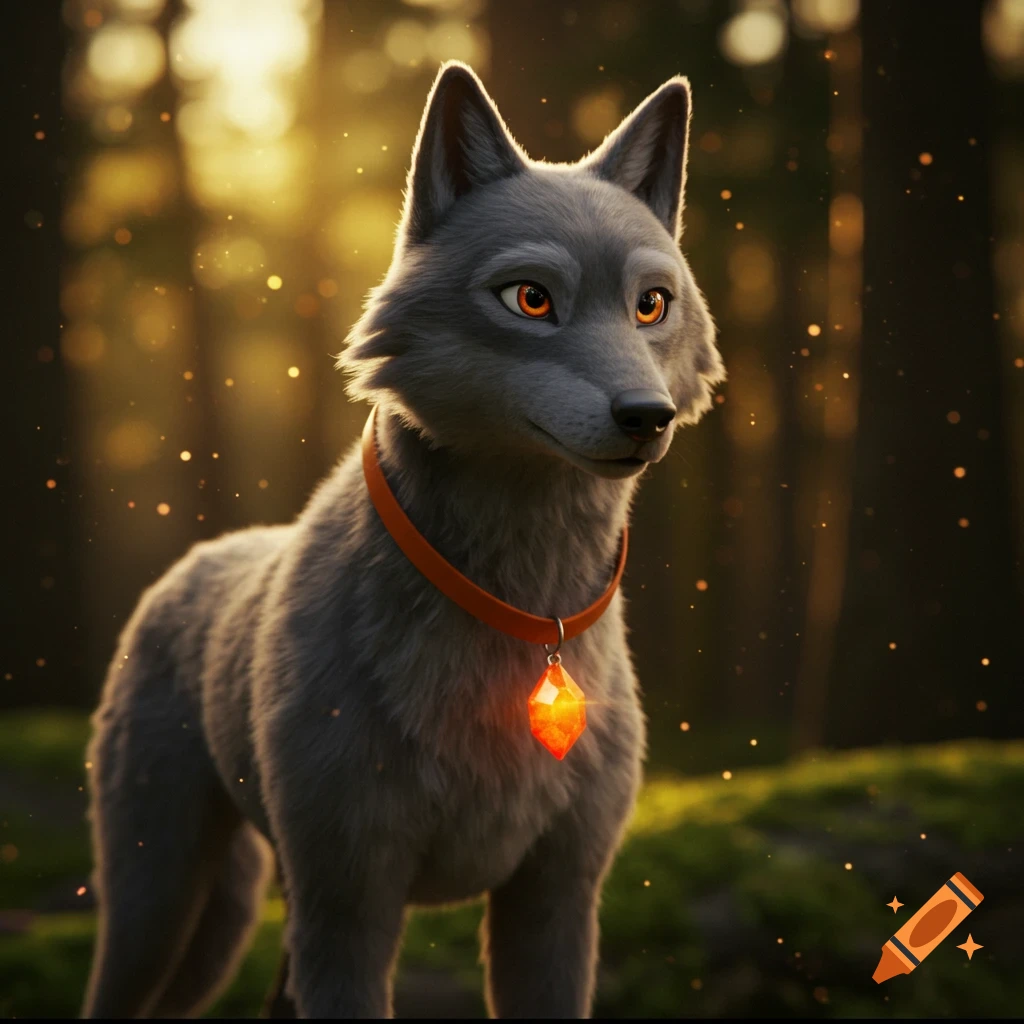 CGI animated grey wolf with orange eyes and a collar with a glowing red gem in a sun-dappled forest.