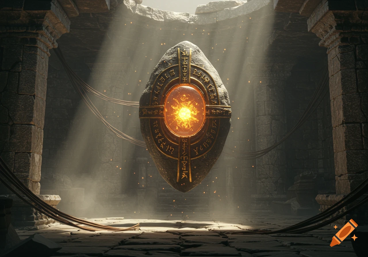 A glowing, mystical stone artifact with ancient carvings floats in a dusty, sunlit ruined temple.