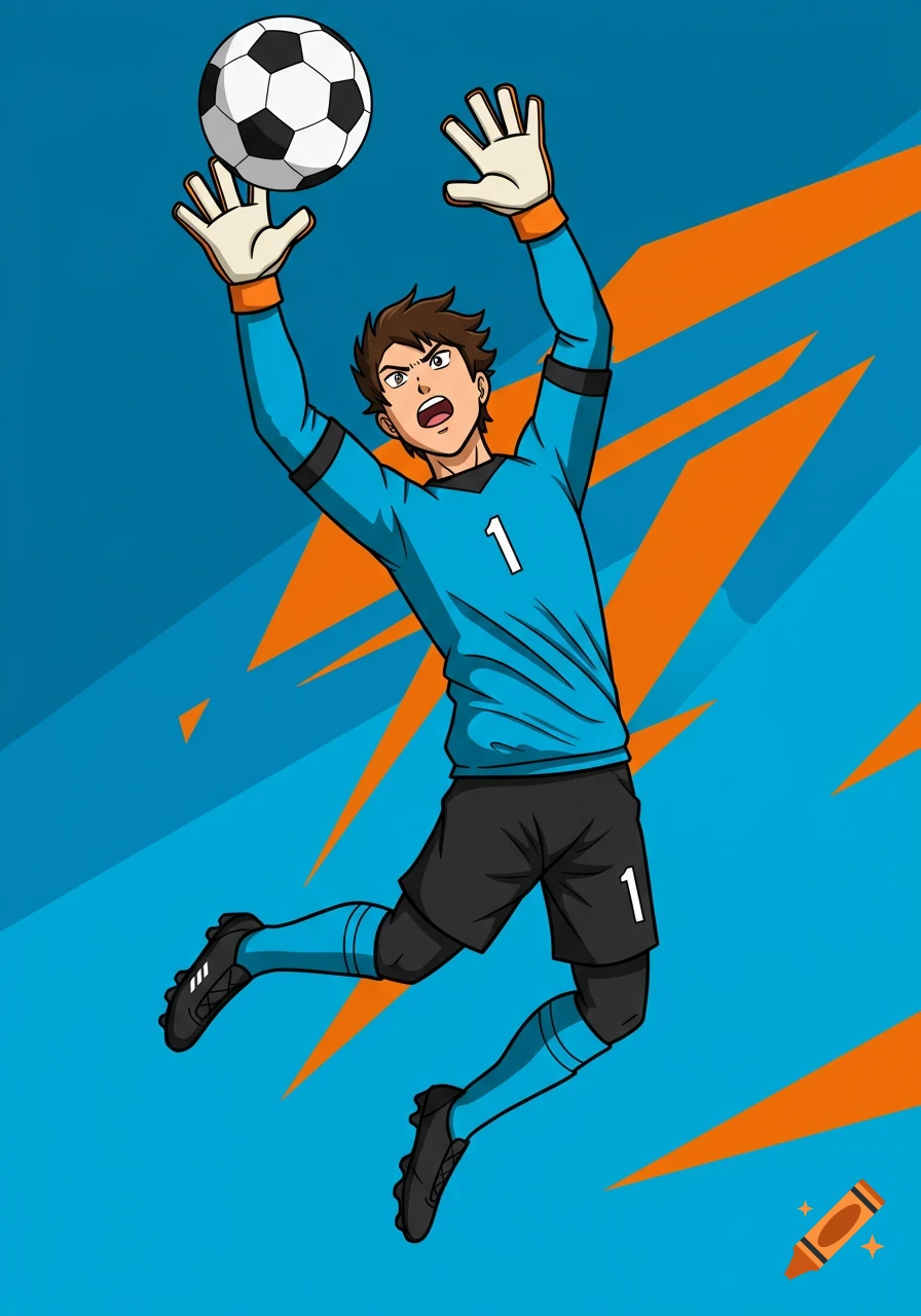 Anime illustration of a soccer goalkeeper in blue and black uniform leaping to catch a soccer ball.