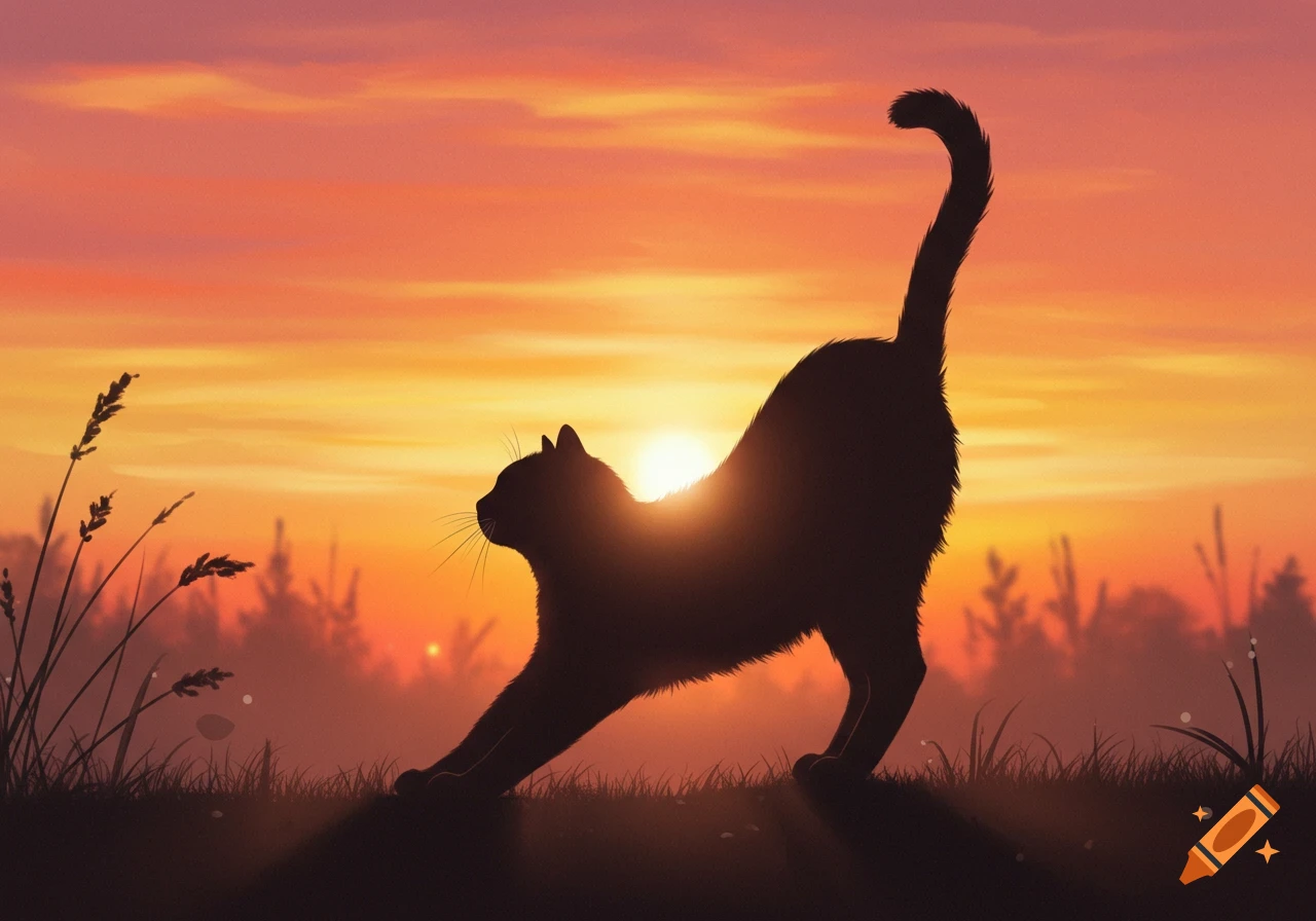 Silhouette of a black cat stretching in a field against a vibrant orange and yellow sunset.