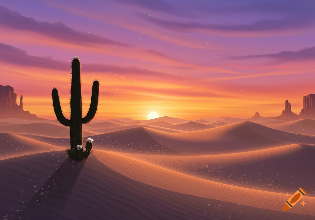 A stylized illustration of a saguaro cactus in a desert landscape at sunset with vibrant orange and purple skies.