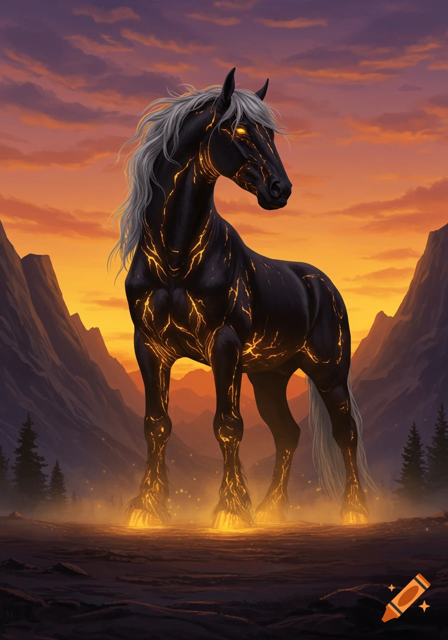 A majestic black fantasy horse with glowing orange cracks, white mane, and luminous eyes stands against a vibrant sunset over mountains.