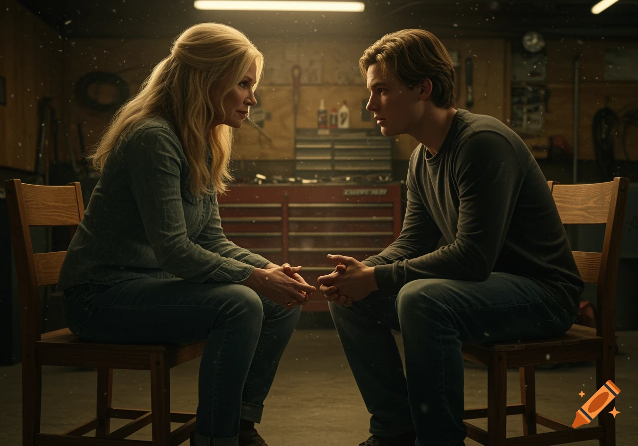A blonde mother and her son sit facing each other nervously in wooden chairs in a dimly lit garage.