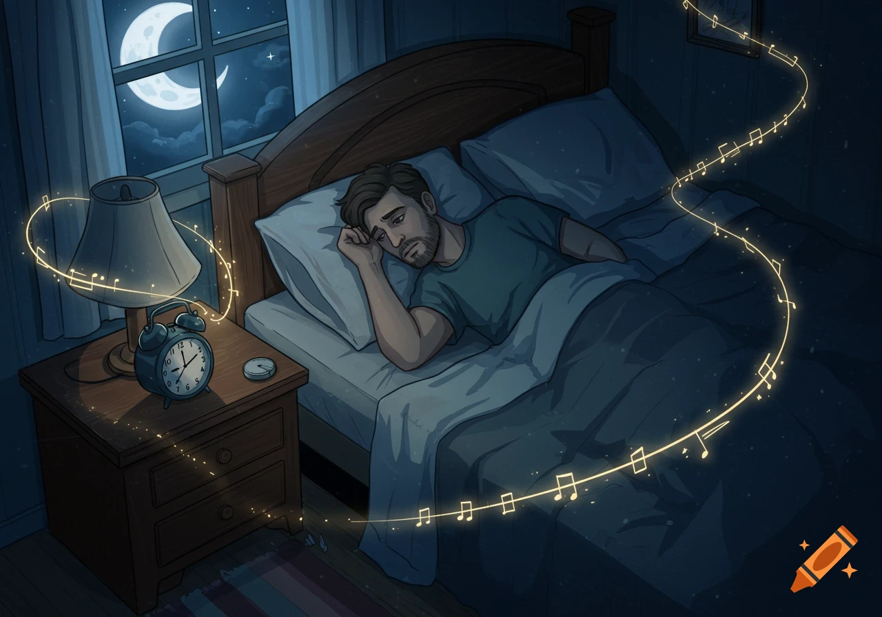 An illustration of a man tossing and turning in bed at night with glowing music notes floating around him.