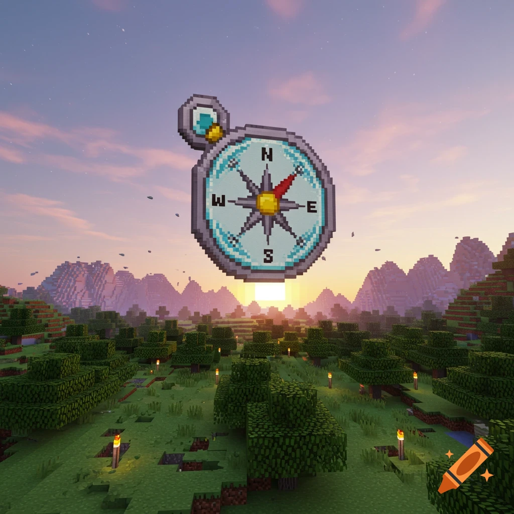 A large pixelated compass floats above a blocky, green Minecraft landscape with mountains and a sunset.