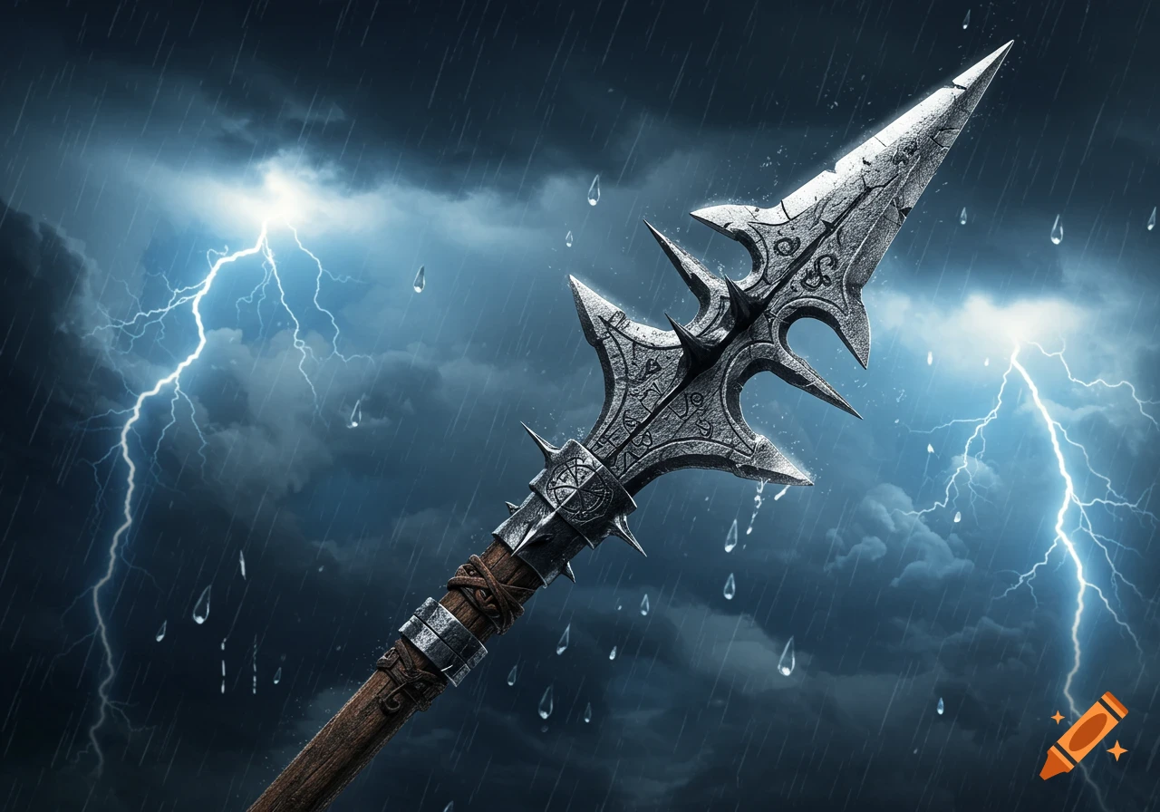 A detailed, ornate fantasy spear with a barbed head, silhouetted against a dark, stormy sky with bolts of lightning and falling rain.