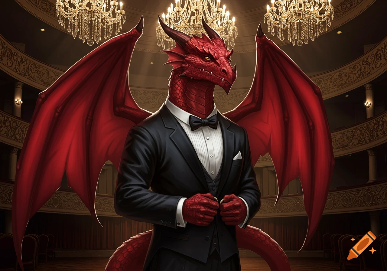 A regal red dragon in a black tuxedo and bow tie stands in a grand ballroom under chandeliers.