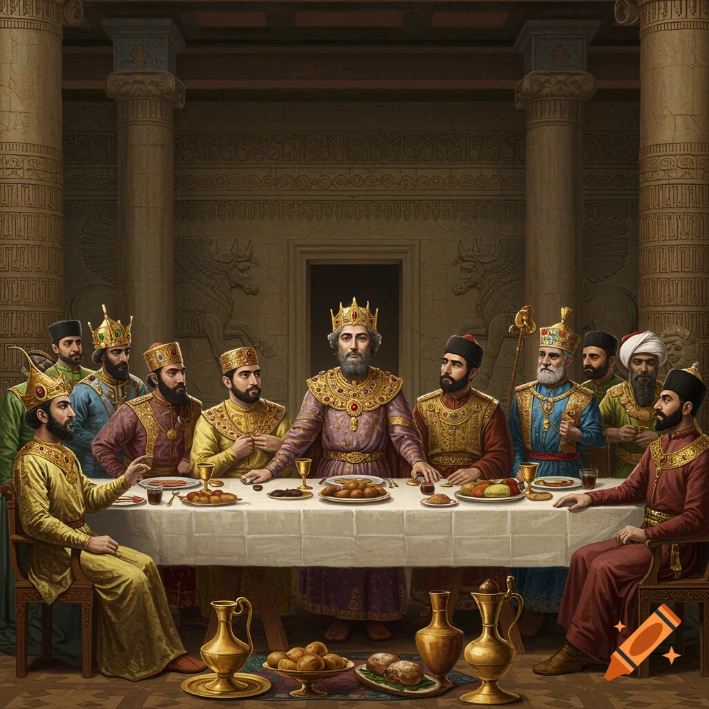 A reimagining of The Last Supper with ancient Persian kings, including Cyrus the Great, at a banquet table in an Achaemenid palace.