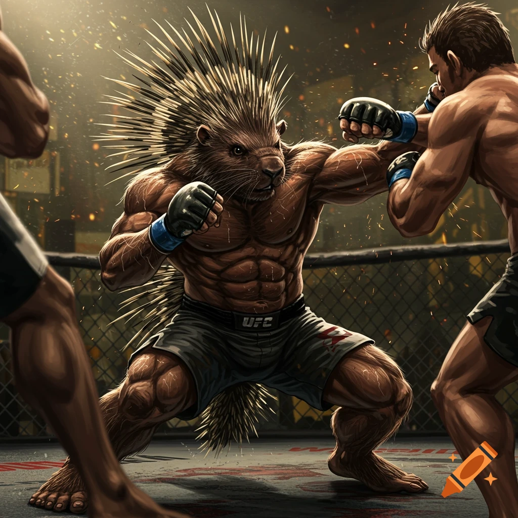 An anthropomorphic porcupine MMA fighter with quills and boxing gloves fights human opponents in a cage, in a detailed, dynamic illustration.