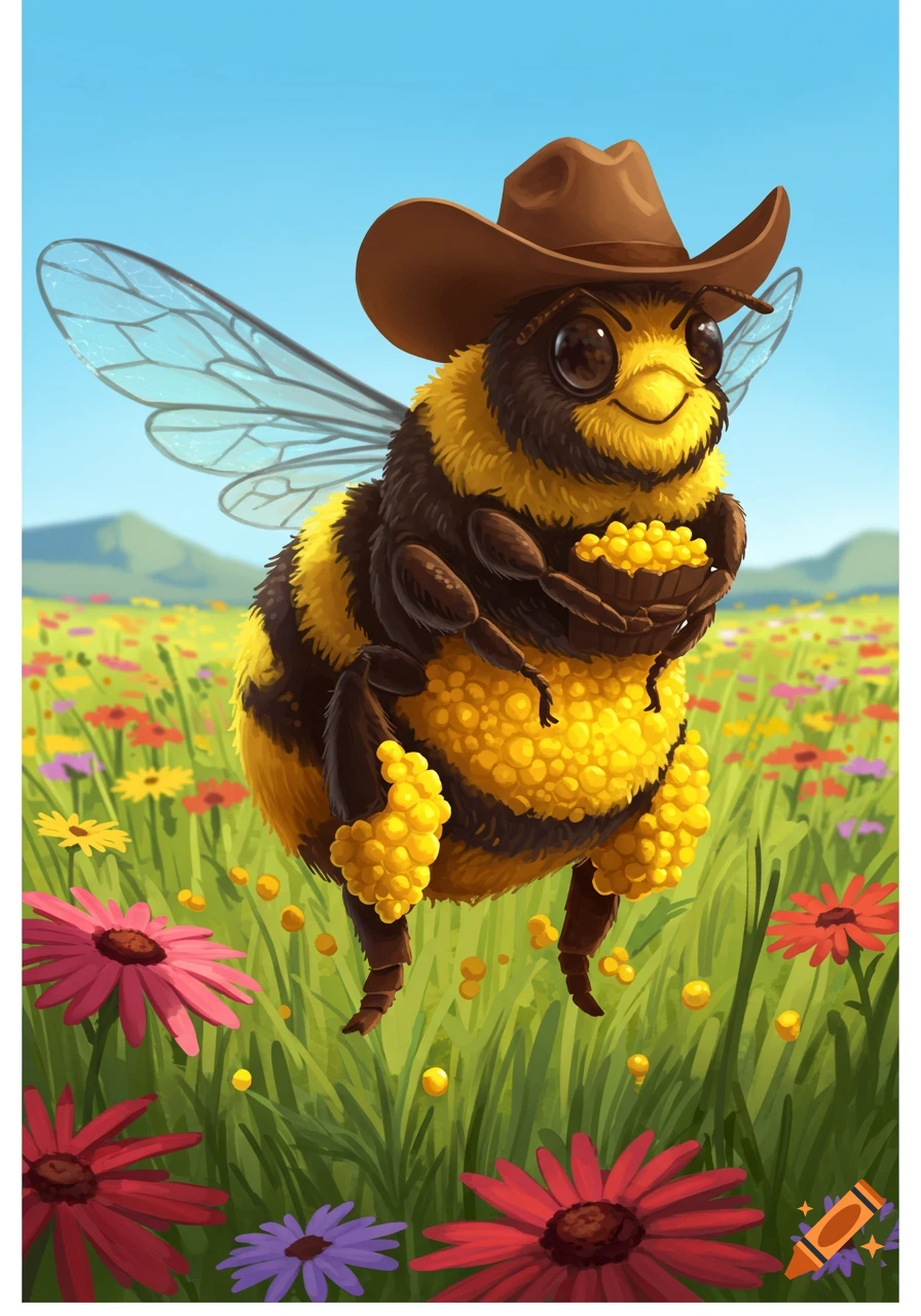 A cute, fluffy bumblebee wearing a cowboy hat holds a bowl of pollen in a vibrant flower field, 2D art style.