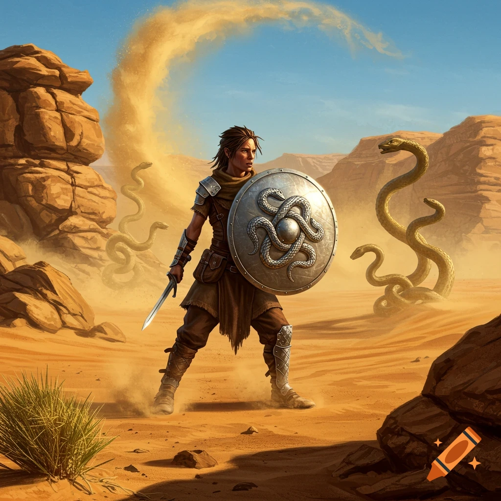 A warrior with a snake-emblazoned shield and sword stands in a sandy desert, facing giant snakes.