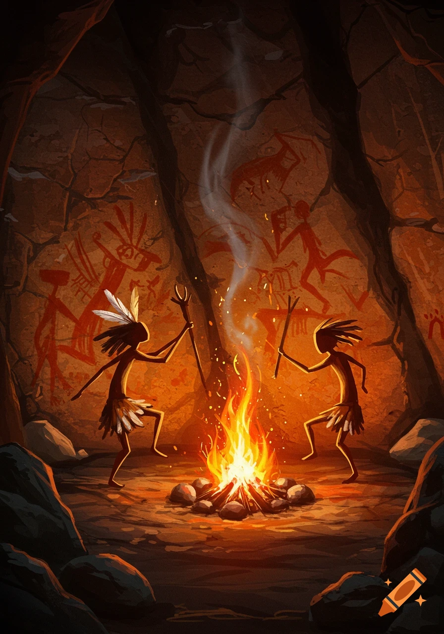 Two stylized prehistoric figures dance around a bonfire in a dark cave with red ancient cave paintings on the walls.