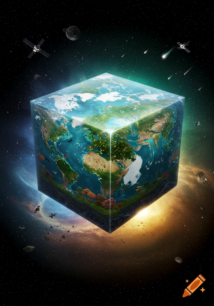 A cube-shaped Earth floats in space with continents, oceans, and trees on its bottom surface. Satellites and asteroids surround it.