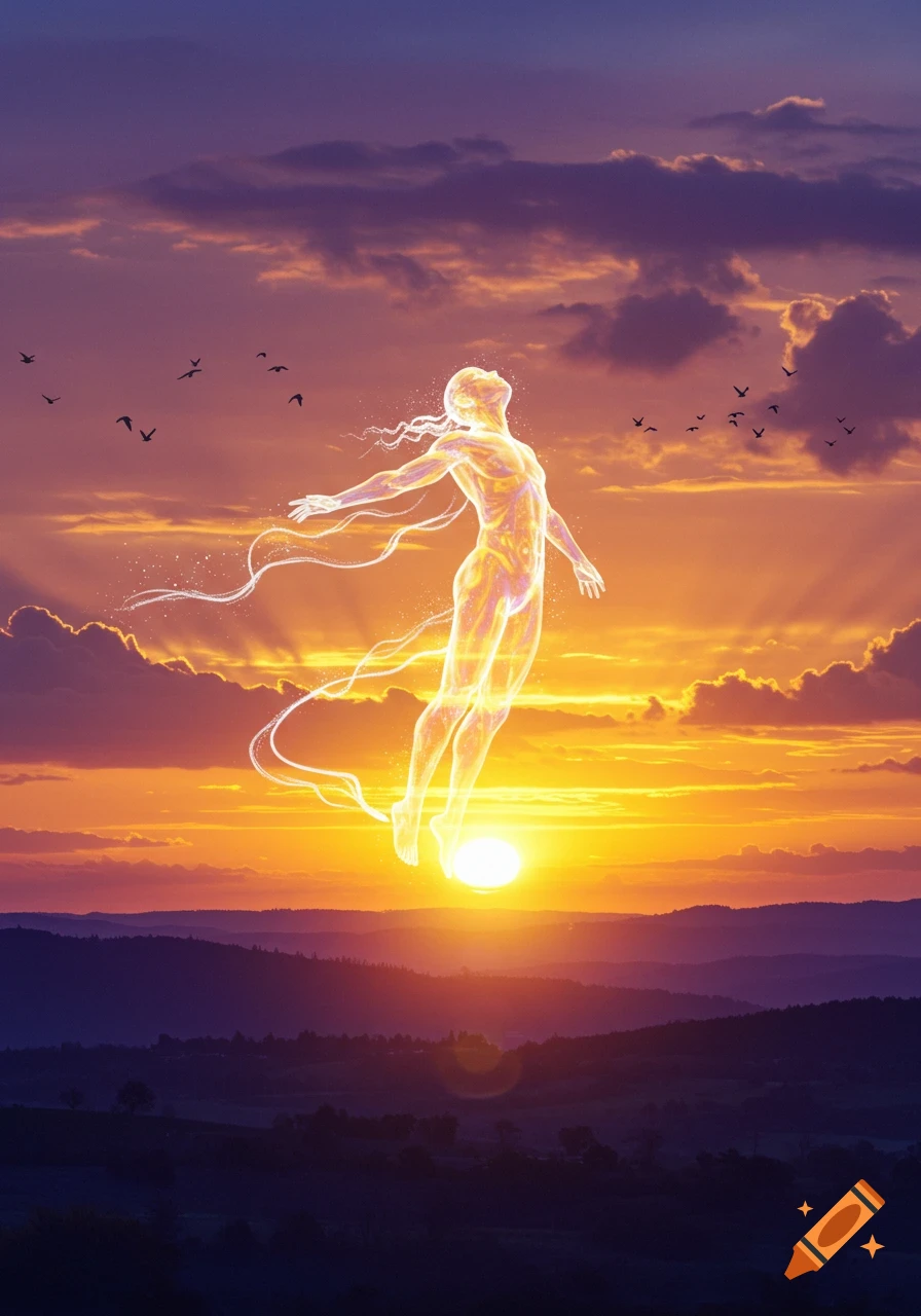 A glowing ethereal human figure floats above a vibrant sunset landscape with birds flying in the sky.