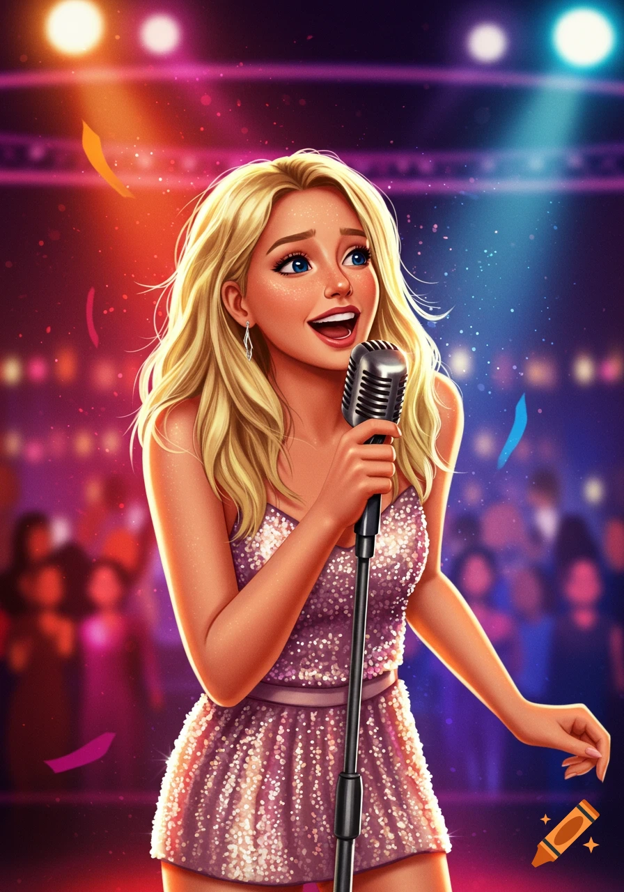 Illustrated blonde woman singing into a vintage microphone on a stage with colorful spotlights.